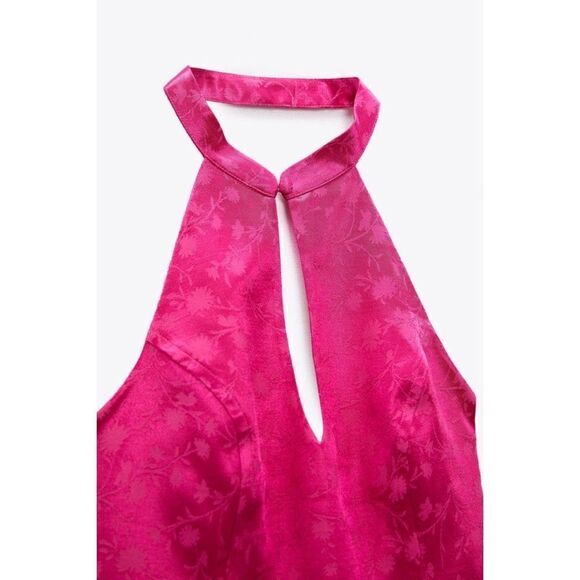 NWT Zara Satin Effect Floral Jacquard Keyhole Halter Top in Fuchsia - Picture 8 of 16
